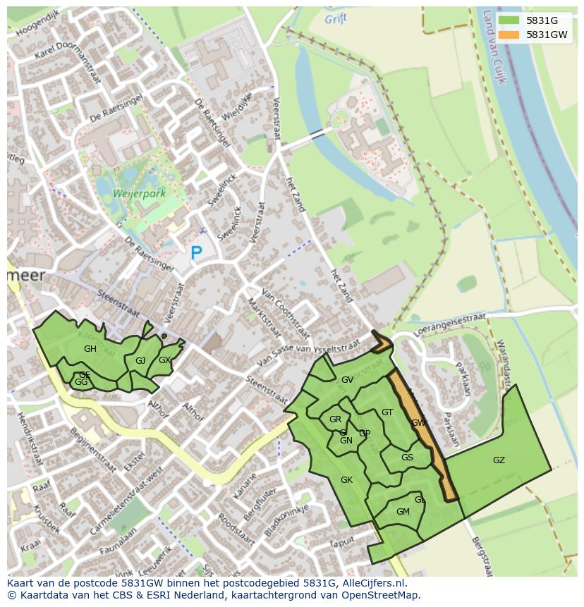 Afbeelding van het postcodegebied 5831 GW op de kaart.