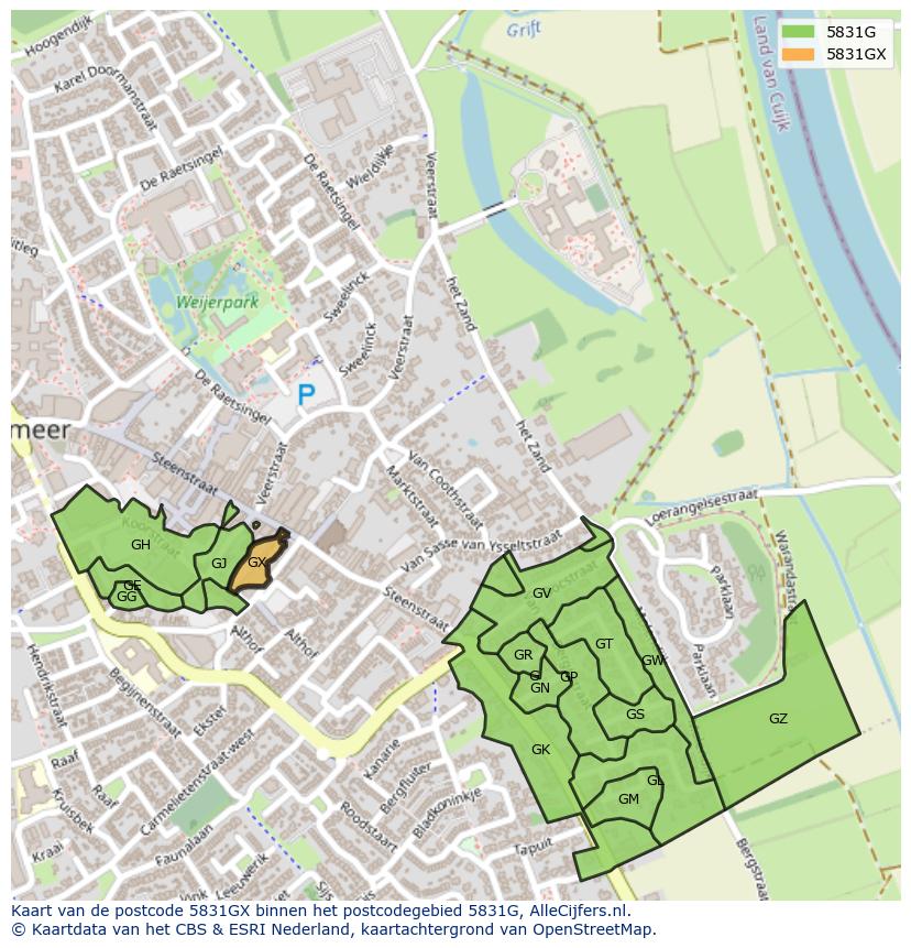 Afbeelding van het postcodegebied 5831 GX op de kaart.