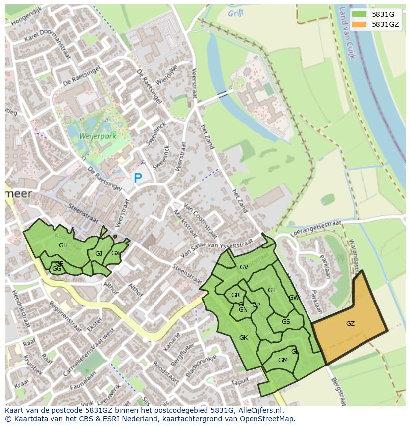 Afbeelding van het postcodegebied 5831 GZ op de kaart.