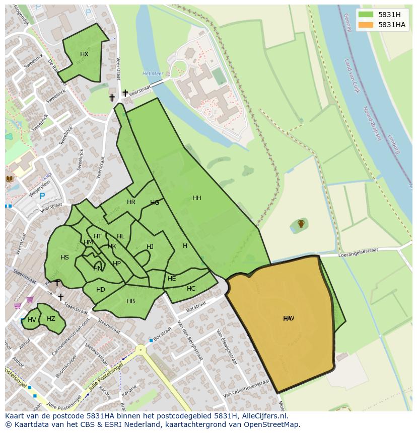 Afbeelding van het postcodegebied 5831 HA op de kaart.