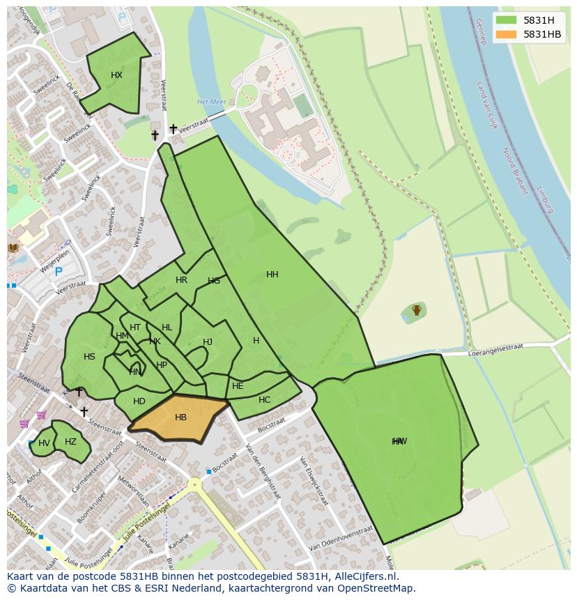 Afbeelding van het postcodegebied 5831 HB op de kaart.