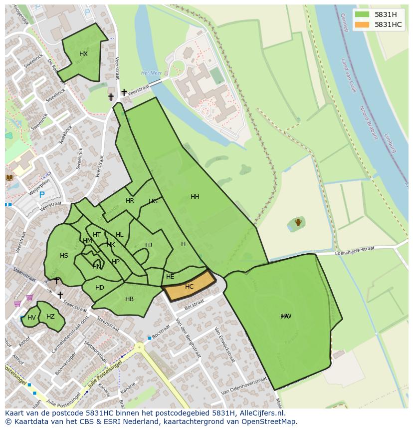 Afbeelding van het postcodegebied 5831 HC op de kaart.