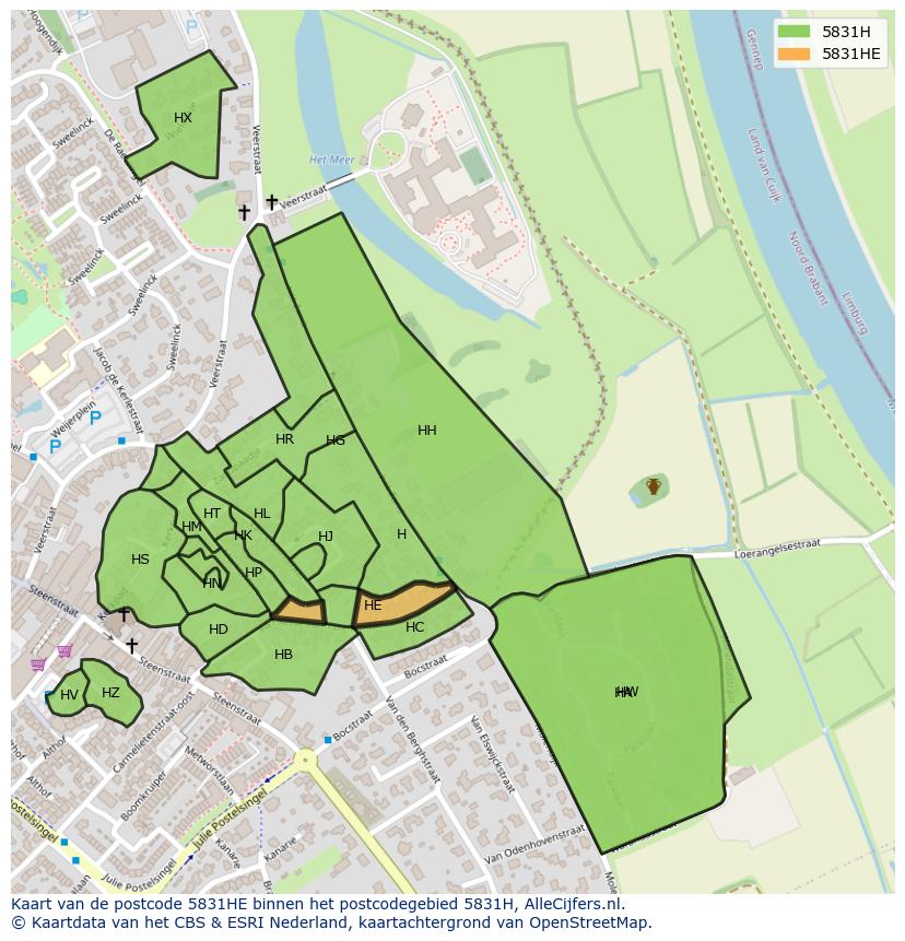 Afbeelding van het postcodegebied 5831 HE op de kaart.