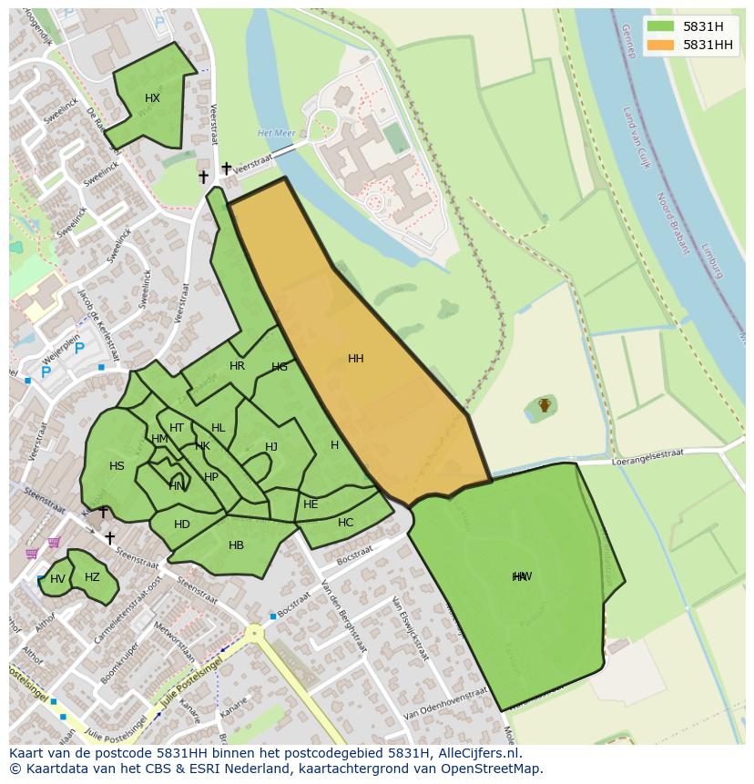Afbeelding van het postcodegebied 5831 HH op de kaart.