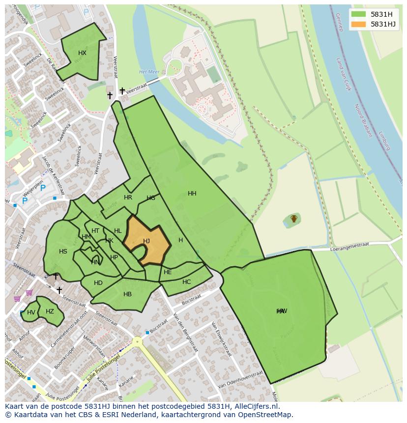 Afbeelding van het postcodegebied 5831 HJ op de kaart.
