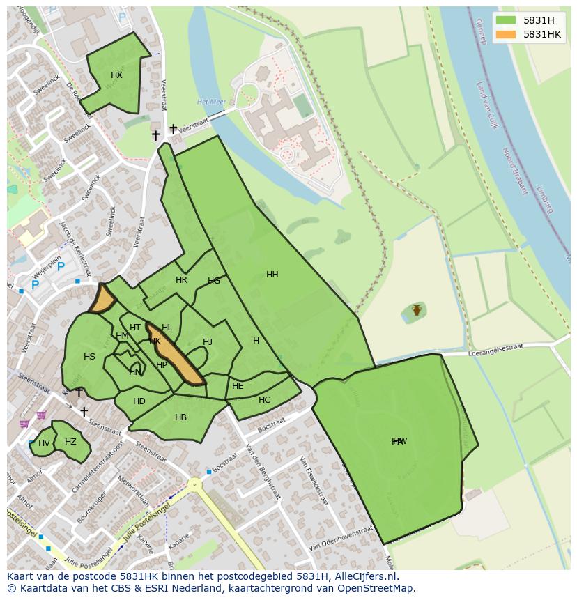Afbeelding van het postcodegebied 5831 HK op de kaart.