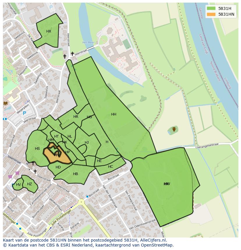 Afbeelding van het postcodegebied 5831 HN op de kaart.