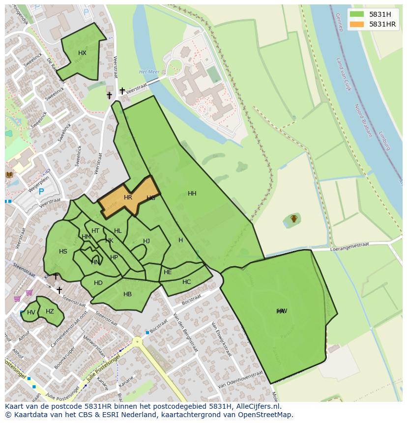 Afbeelding van het postcodegebied 5831 HR op de kaart.