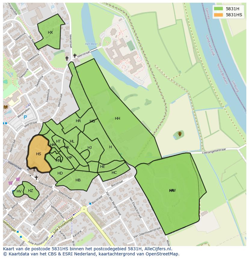 Afbeelding van het postcodegebied 5831 HS op de kaart.