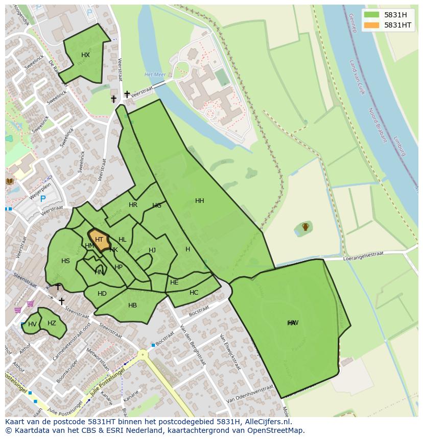 Afbeelding van het postcodegebied 5831 HT op de kaart.
