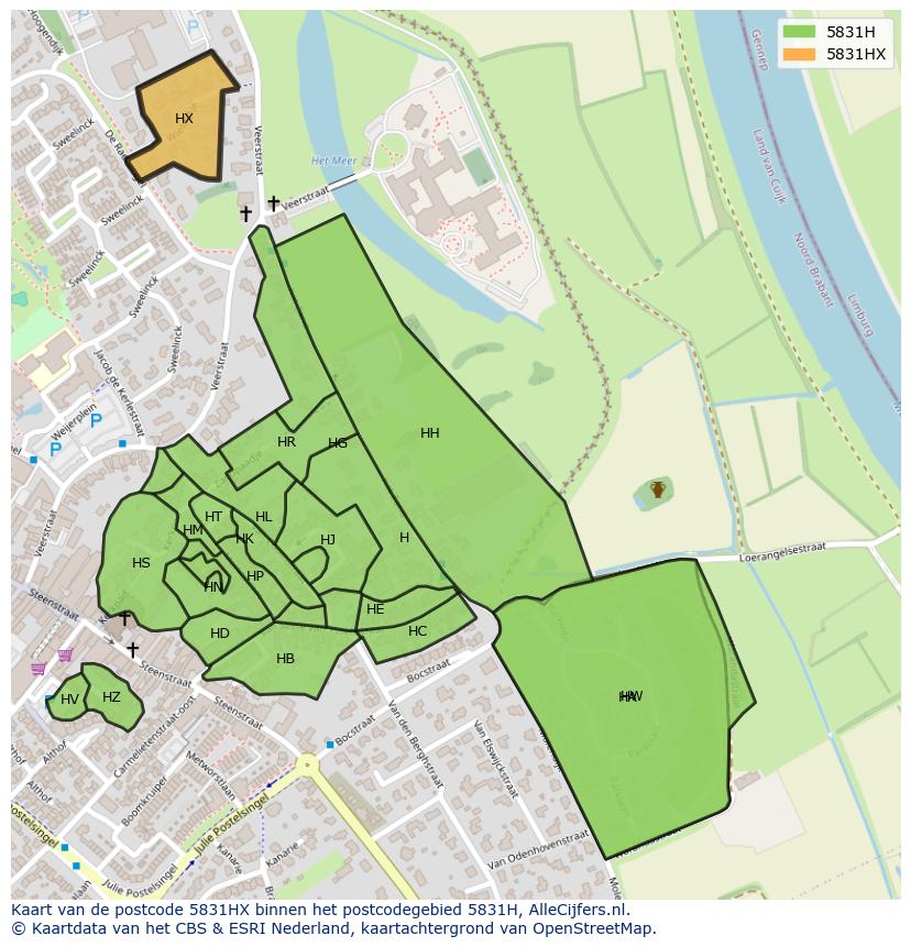 Afbeelding van het postcodegebied 5831 HX op de kaart.