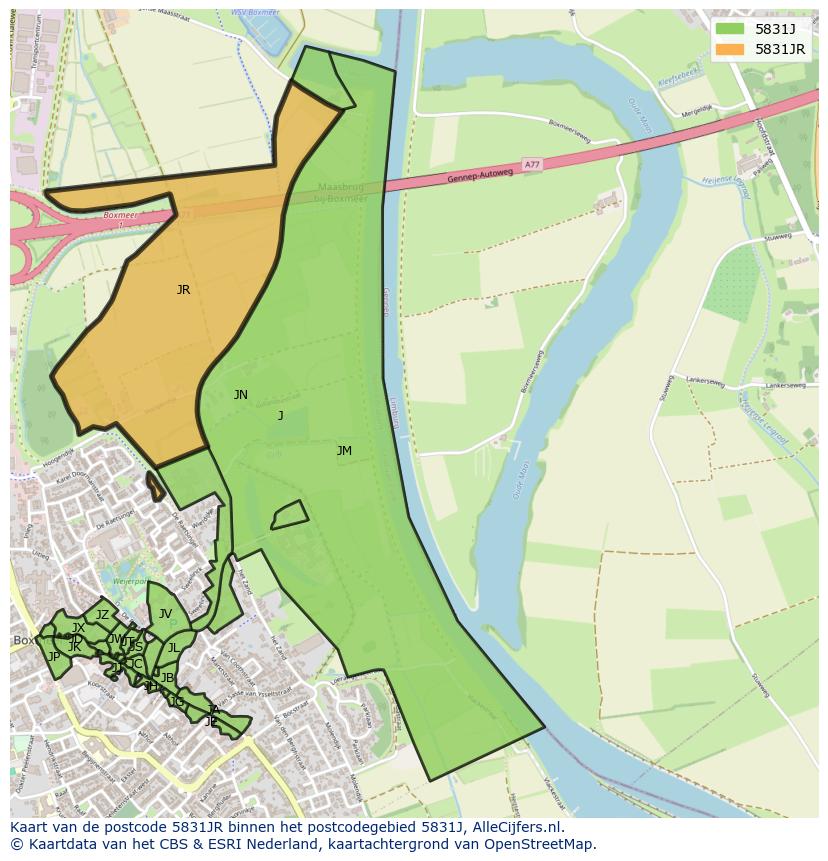 Afbeelding van het postcodegebied 5831 JR op de kaart.