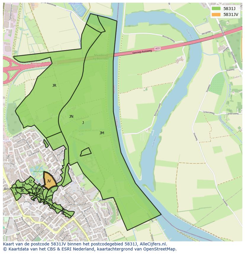 Afbeelding van het postcodegebied 5831 JV op de kaart.