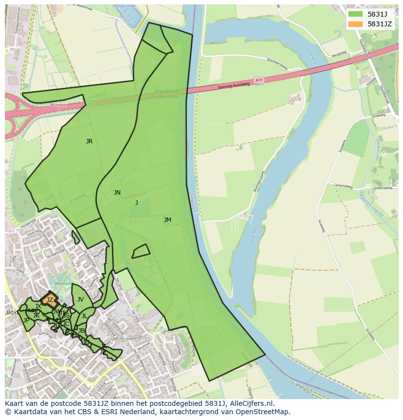 Afbeelding van het postcodegebied 5831 JZ op de kaart.