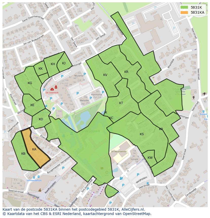 Afbeelding van het postcodegebied 5831 KA op de kaart.