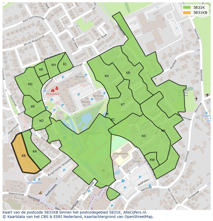Afbeelding van het postcodegebied 5831 KB op de kaart.