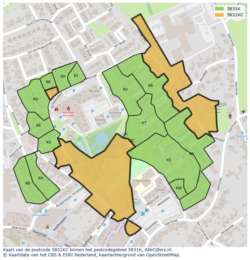 Afbeelding van het postcodegebied 5831 KC op de kaart.