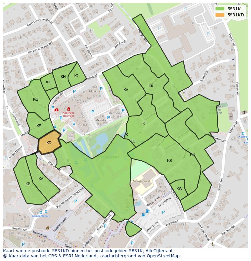Afbeelding van het postcodegebied 5831 KD op de kaart.