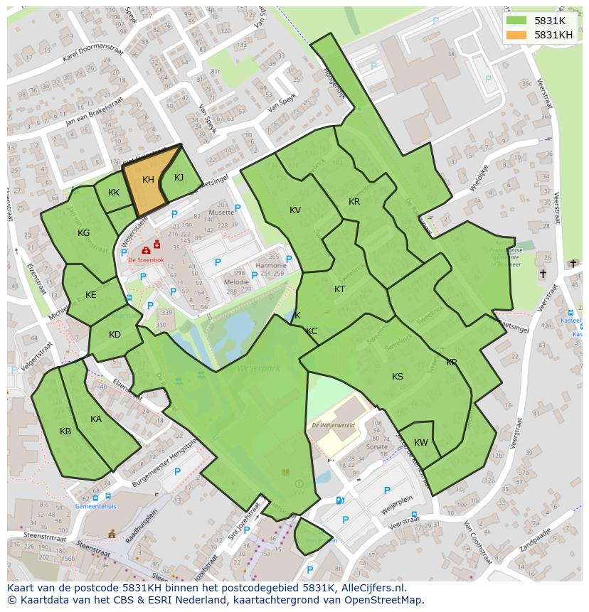 Afbeelding van het postcodegebied 5831 KH op de kaart.