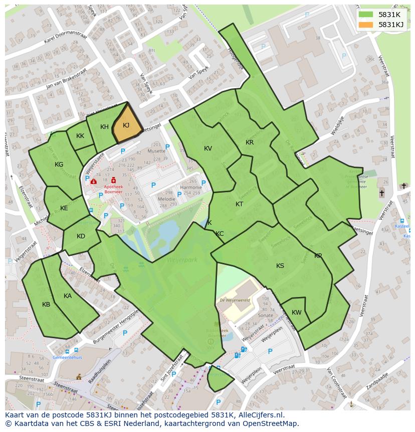 Afbeelding van het postcodegebied 5831 KJ op de kaart.