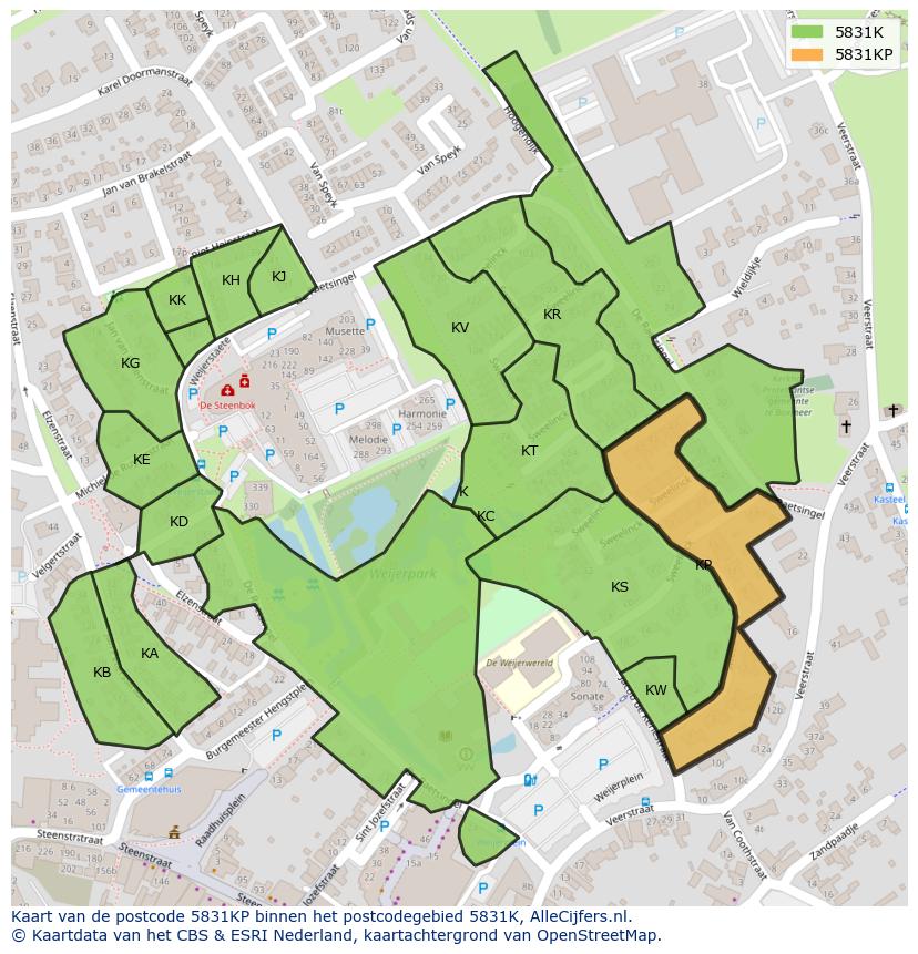 Afbeelding van het postcodegebied 5831 KP op de kaart.