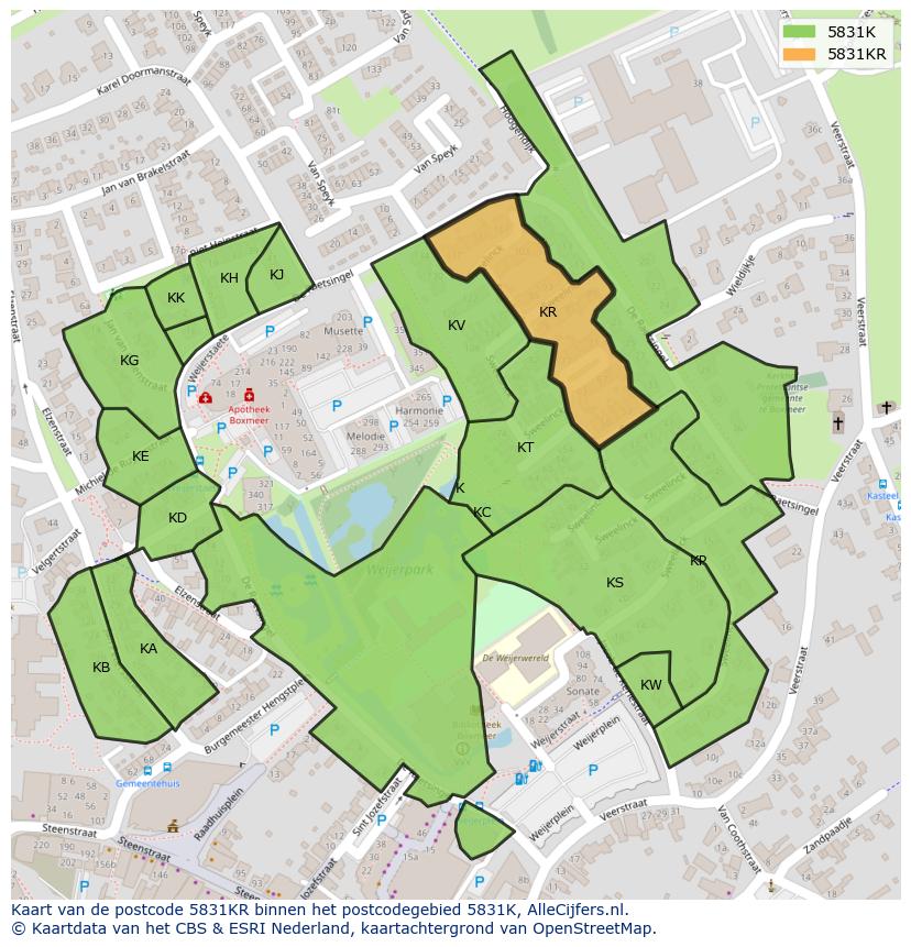 Afbeelding van het postcodegebied 5831 KR op de kaart.