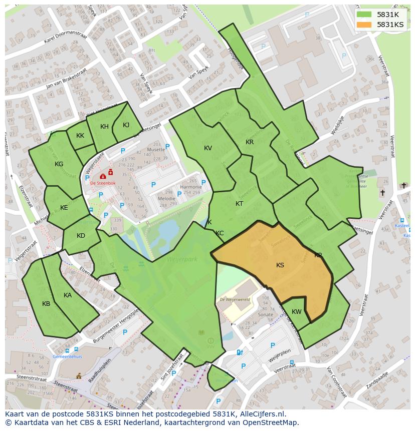 Afbeelding van het postcodegebied 5831 KS op de kaart.