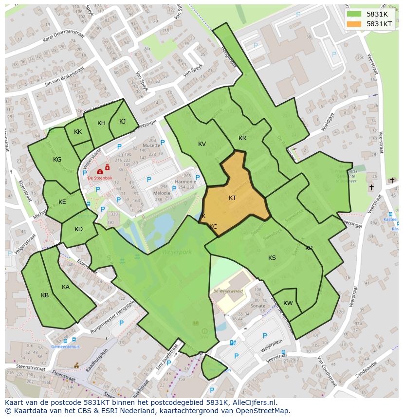 Afbeelding van het postcodegebied 5831 KT op de kaart.