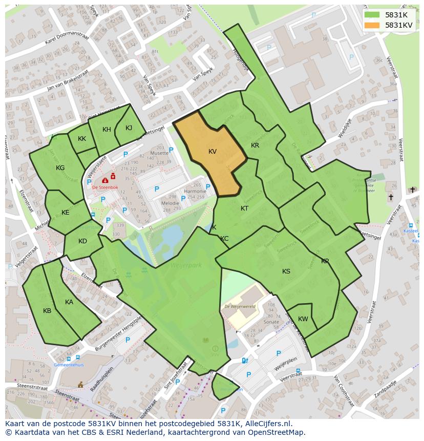 Afbeelding van het postcodegebied 5831 KV op de kaart.