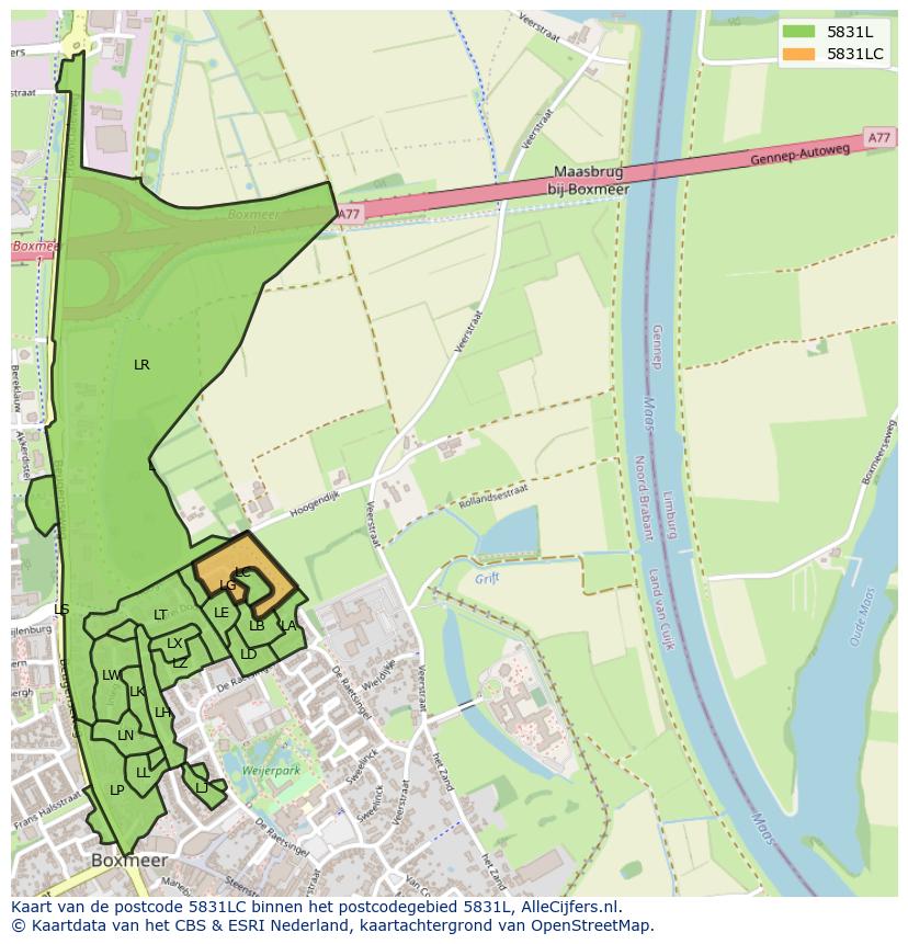 Afbeelding van het postcodegebied 5831 LC op de kaart.