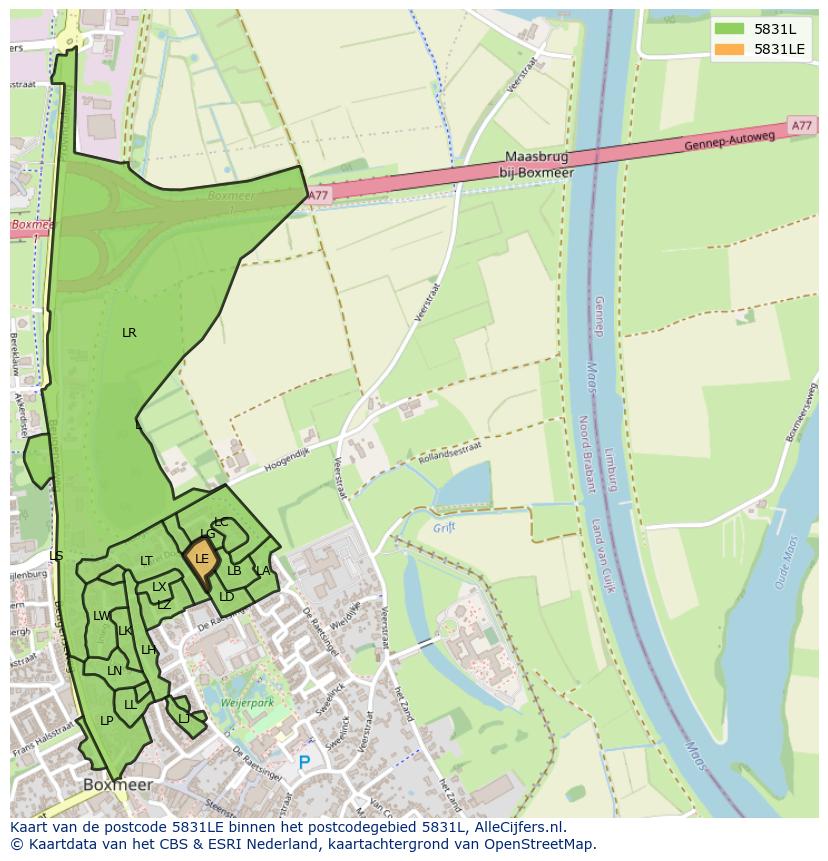 Afbeelding van het postcodegebied 5831 LE op de kaart.