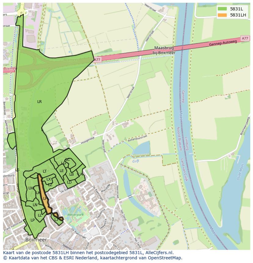 Afbeelding van het postcodegebied 5831 LH op de kaart.