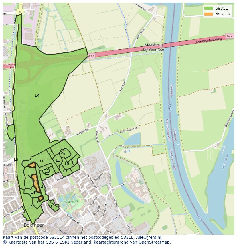 Afbeelding van het postcodegebied 5831 LK op de kaart.