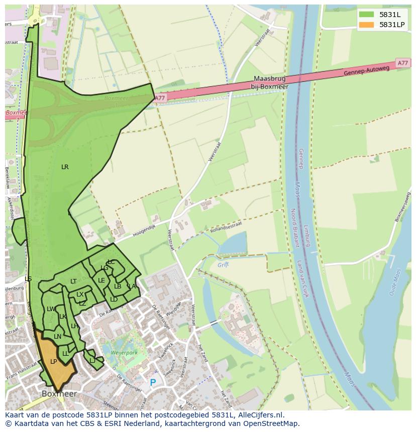 Afbeelding van het postcodegebied 5831 LP op de kaart.
