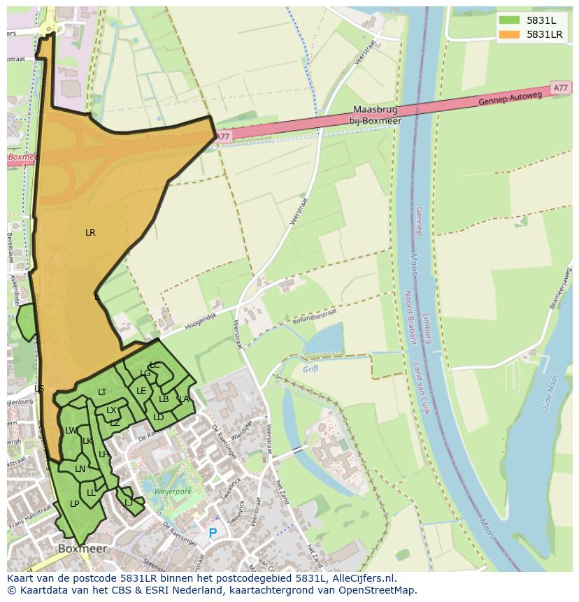 Afbeelding van het postcodegebied 5831 LR op de kaart.