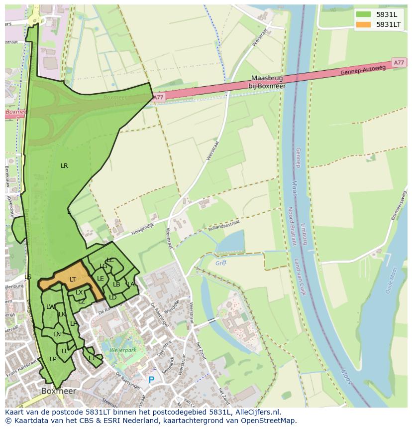 Afbeelding van het postcodegebied 5831 LT op de kaart.