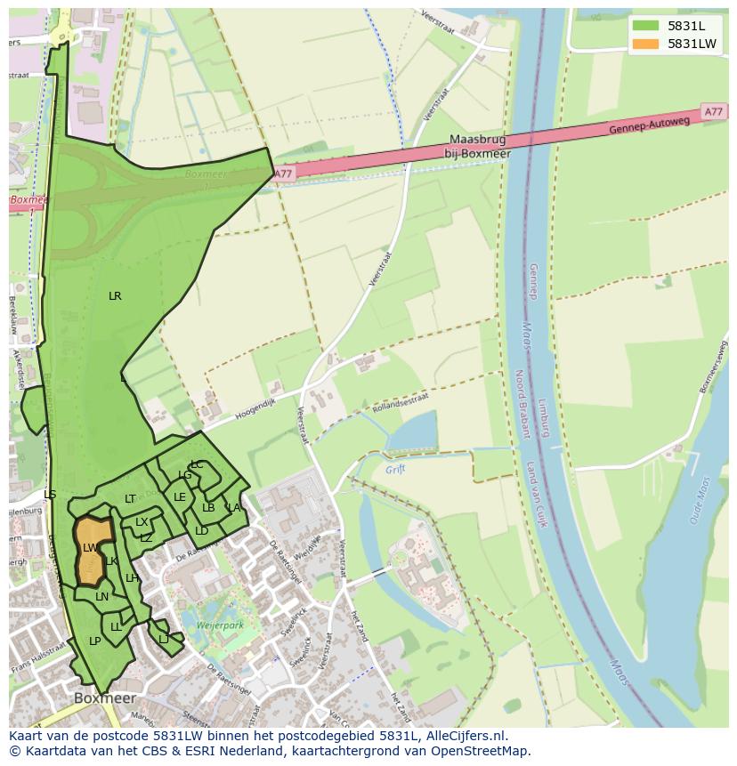 Afbeelding van het postcodegebied 5831 LW op de kaart.
