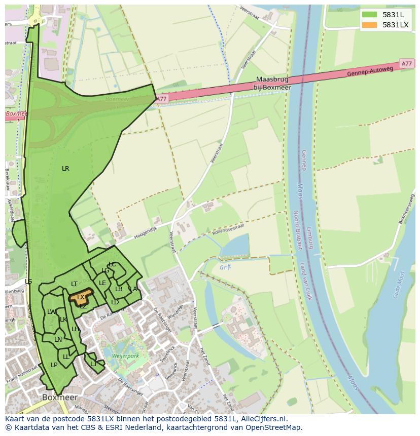 Afbeelding van het postcodegebied 5831 LX op de kaart.