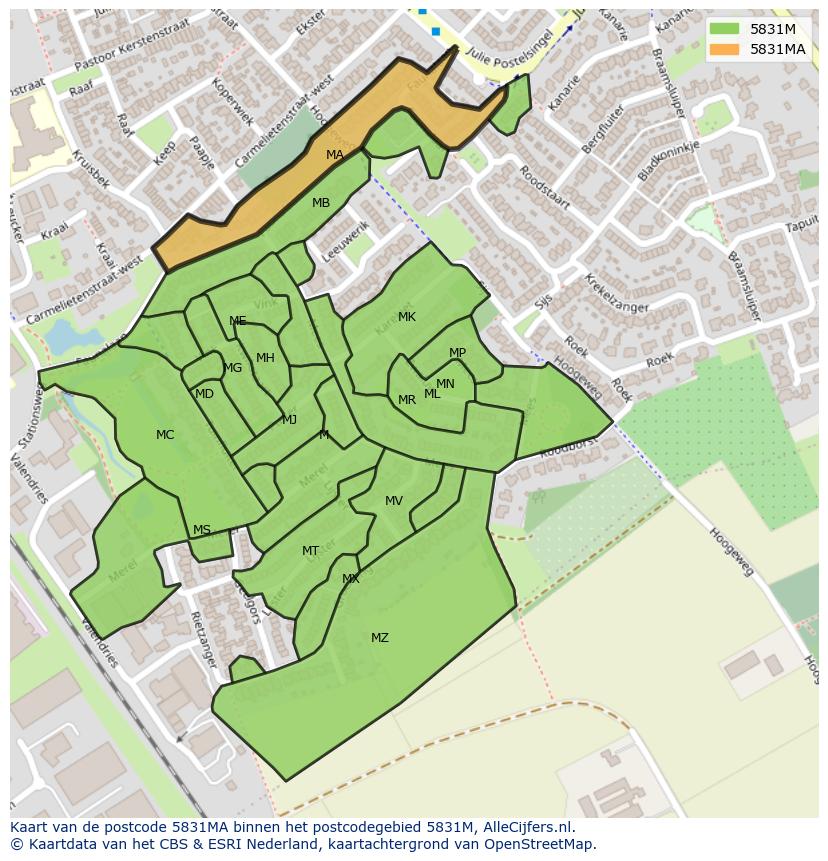 Afbeelding van het postcodegebied 5831 MA op de kaart.
