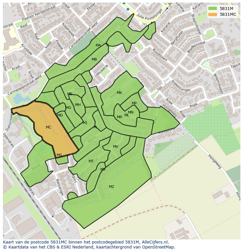 Afbeelding van het postcodegebied 5831 MC op de kaart.