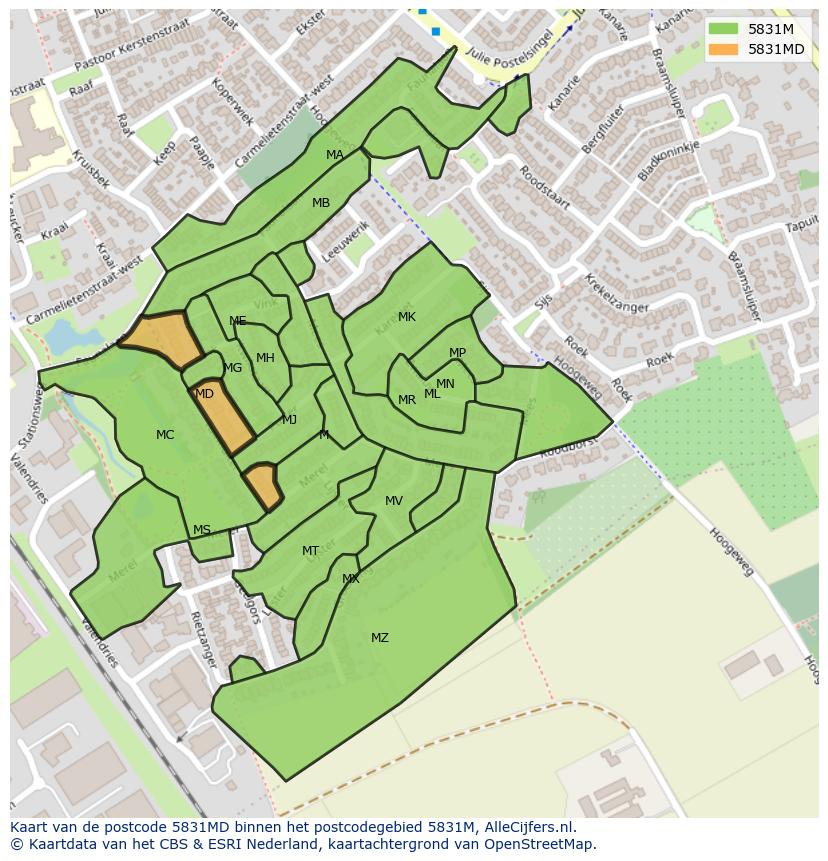 Afbeelding van het postcodegebied 5831 MD op de kaart.