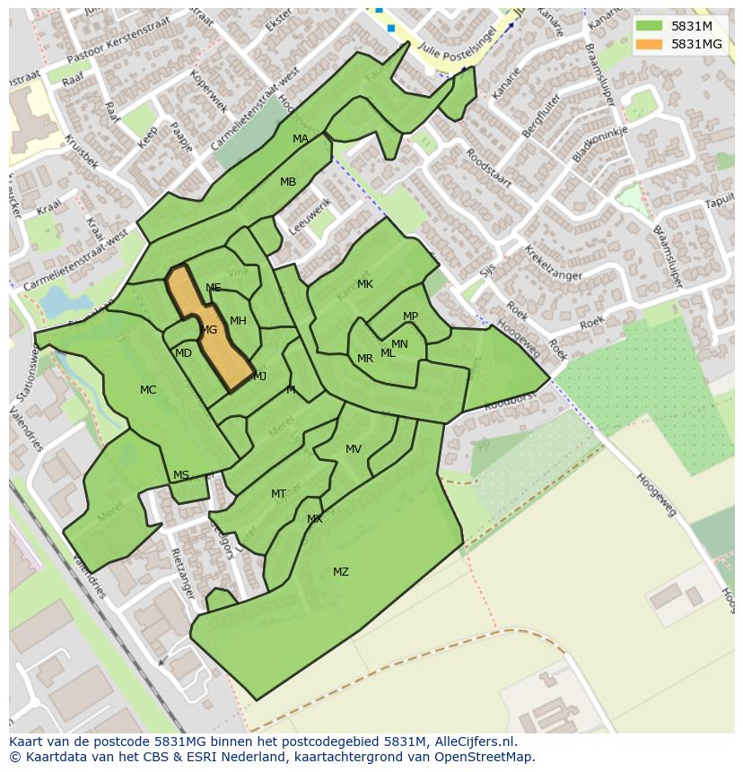 Afbeelding van het postcodegebied 5831 MG op de kaart.