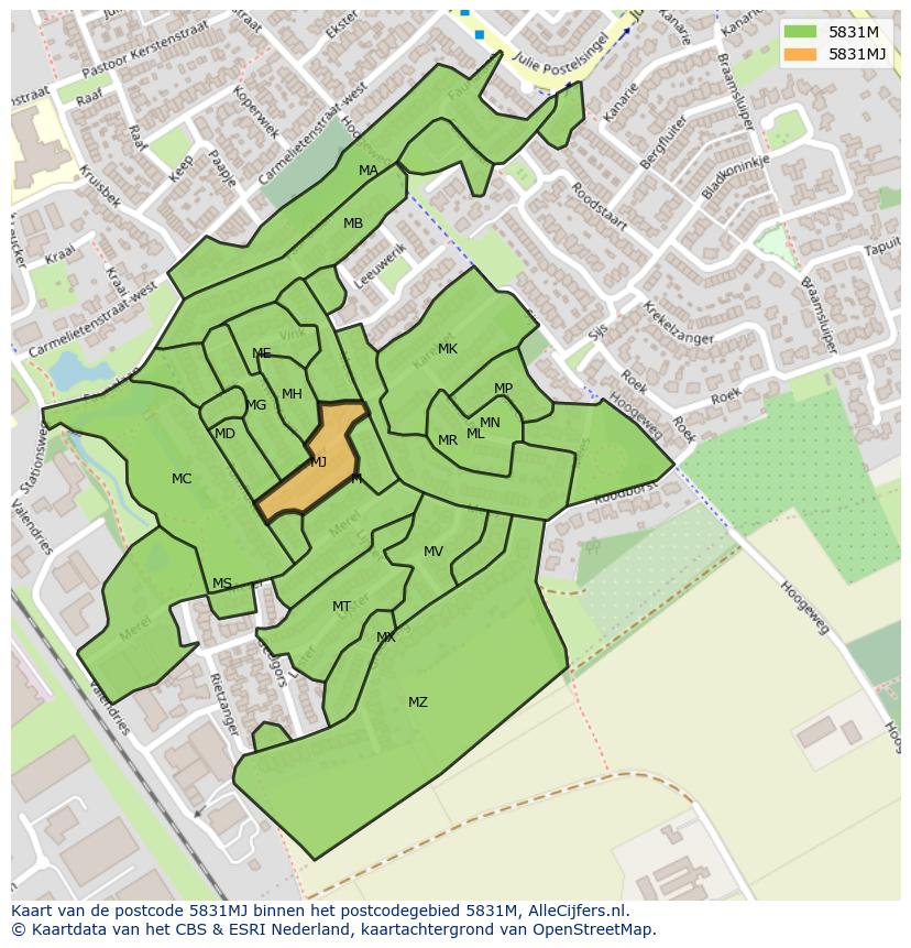 Afbeelding van het postcodegebied 5831 MJ op de kaart.