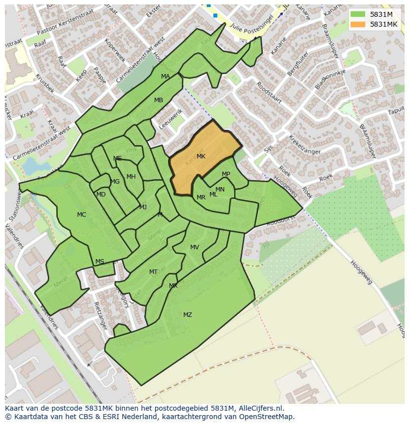 Afbeelding van het postcodegebied 5831 MK op de kaart.
