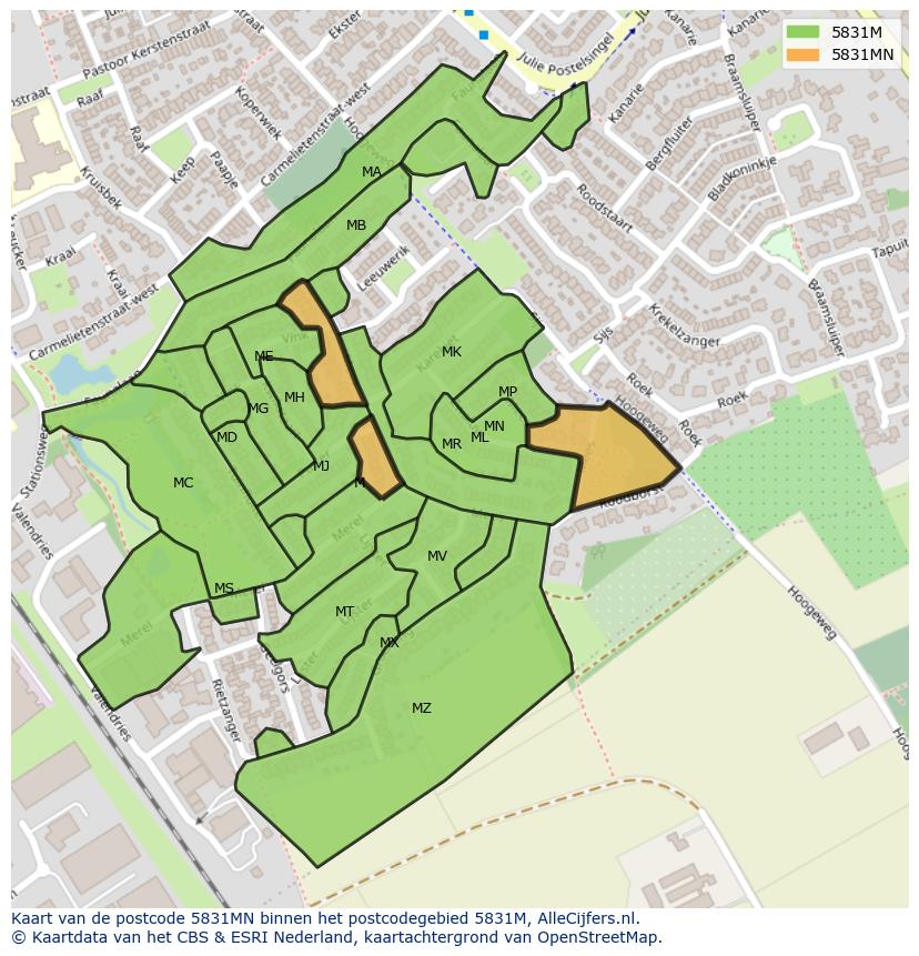 Afbeelding van het postcodegebied 5831 MN op de kaart.