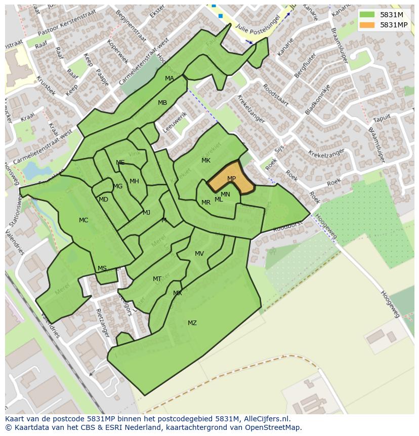 Afbeelding van het postcodegebied 5831 MP op de kaart.