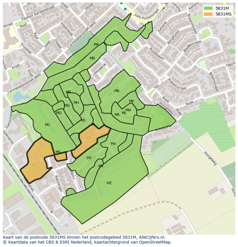 Afbeelding van het postcodegebied 5831 MS op de kaart.