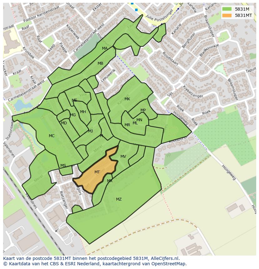 Afbeelding van het postcodegebied 5831 MT op de kaart.