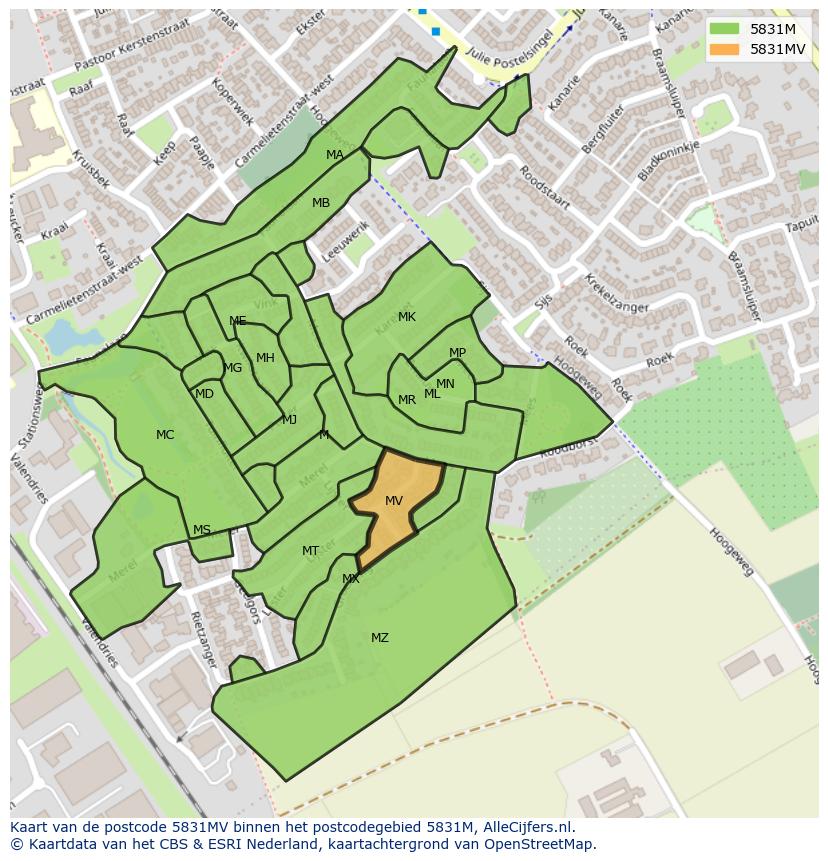 Afbeelding van het postcodegebied 5831 MV op de kaart.