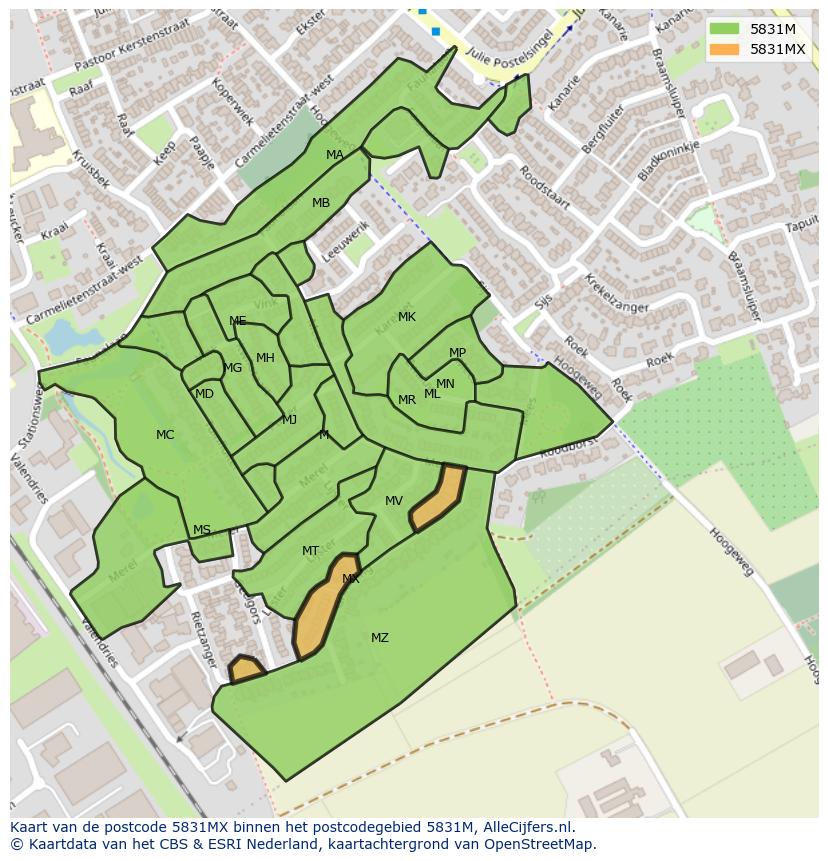 Afbeelding van het postcodegebied 5831 MX op de kaart.